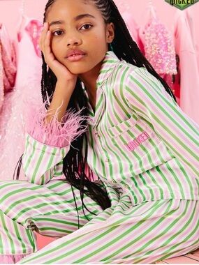 Lola + The Boys Wicked Universal Girl Pajama Set Green Pink Striped Feather Trim